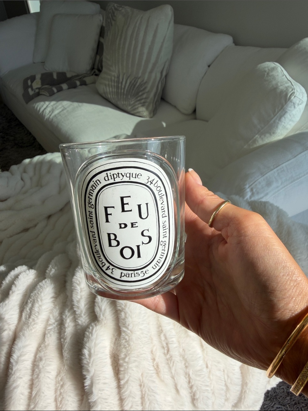 diptyque Clear Glass Feu de Bois Candle Holder with Black Label